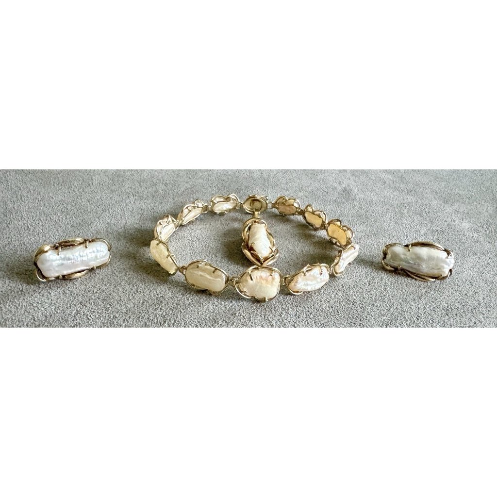 Vintage Baroque Pearl Set - Earrings Pendant Bracelet In 14k Gold Luminous Keshi
